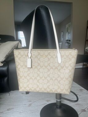 Coach Beige Signature Canvas Tote with Chalk Trim